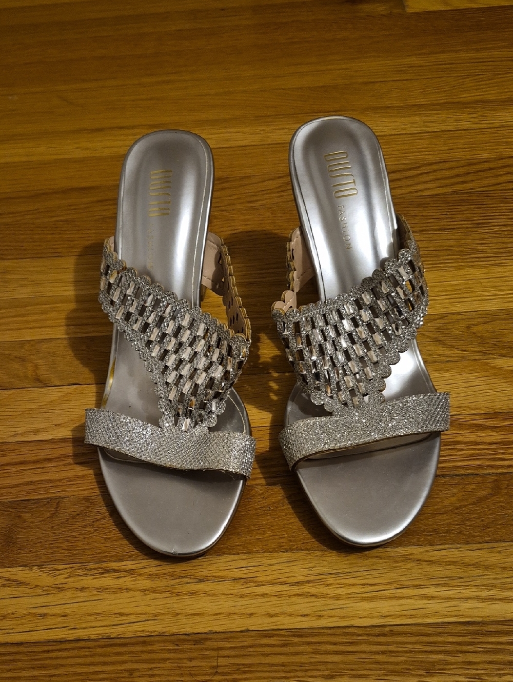 Embellished Silver Slide Mules with Woven Detail